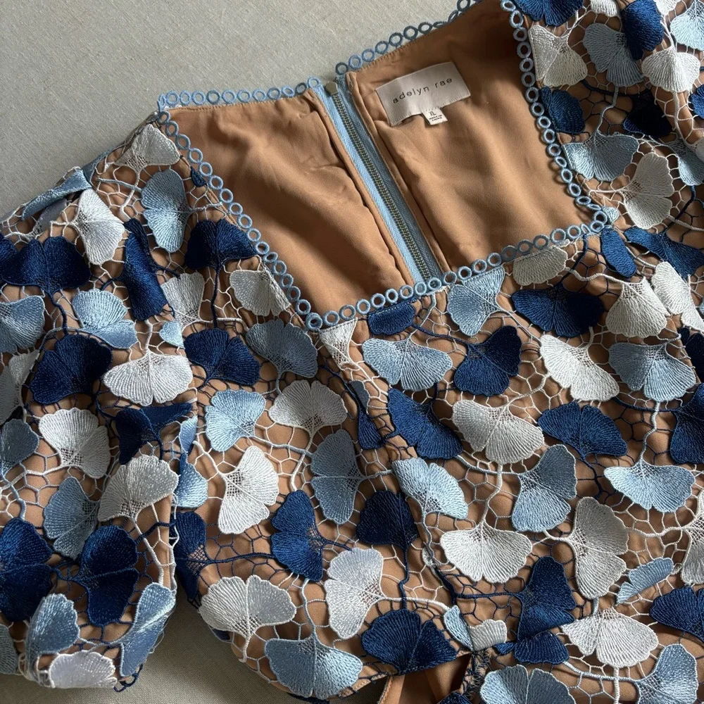 Adelyn Rae Blue Floral Lace Mini Dress XL | Puff Sleeve Cocktail Dress - Picture 2 of 10